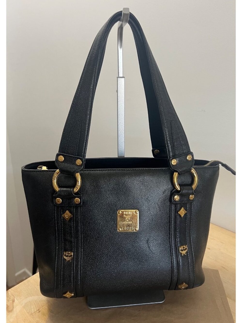 MCM Munchen Black Leather Tote Shoulder Bag With Gold Hardware & Logo Accents